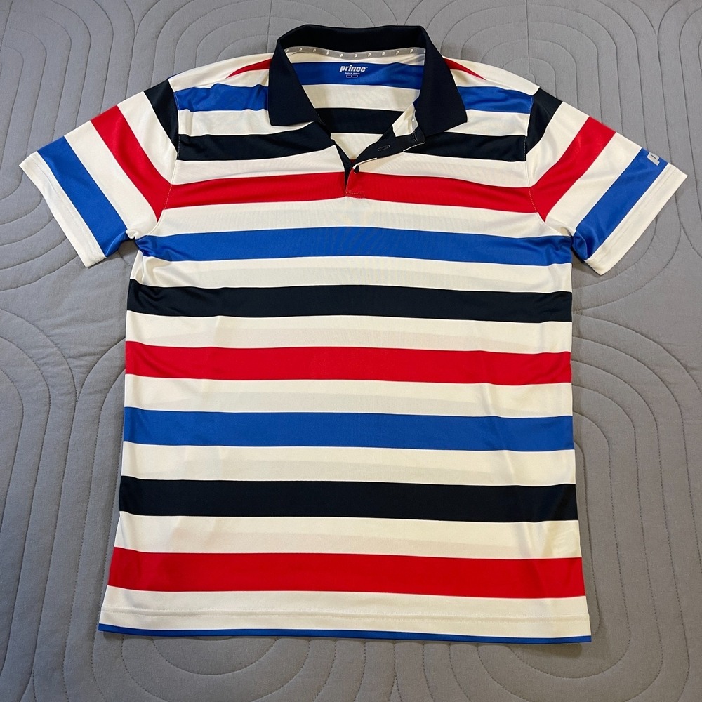 Men's Prince Tennis Polo Size Large Red White Blue Striped Short Sleeve Shirt